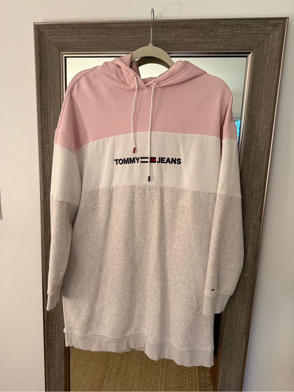 Tommy Hilfiger womens Colorblock Hooded Sweater Dress - Pink/White/Gray